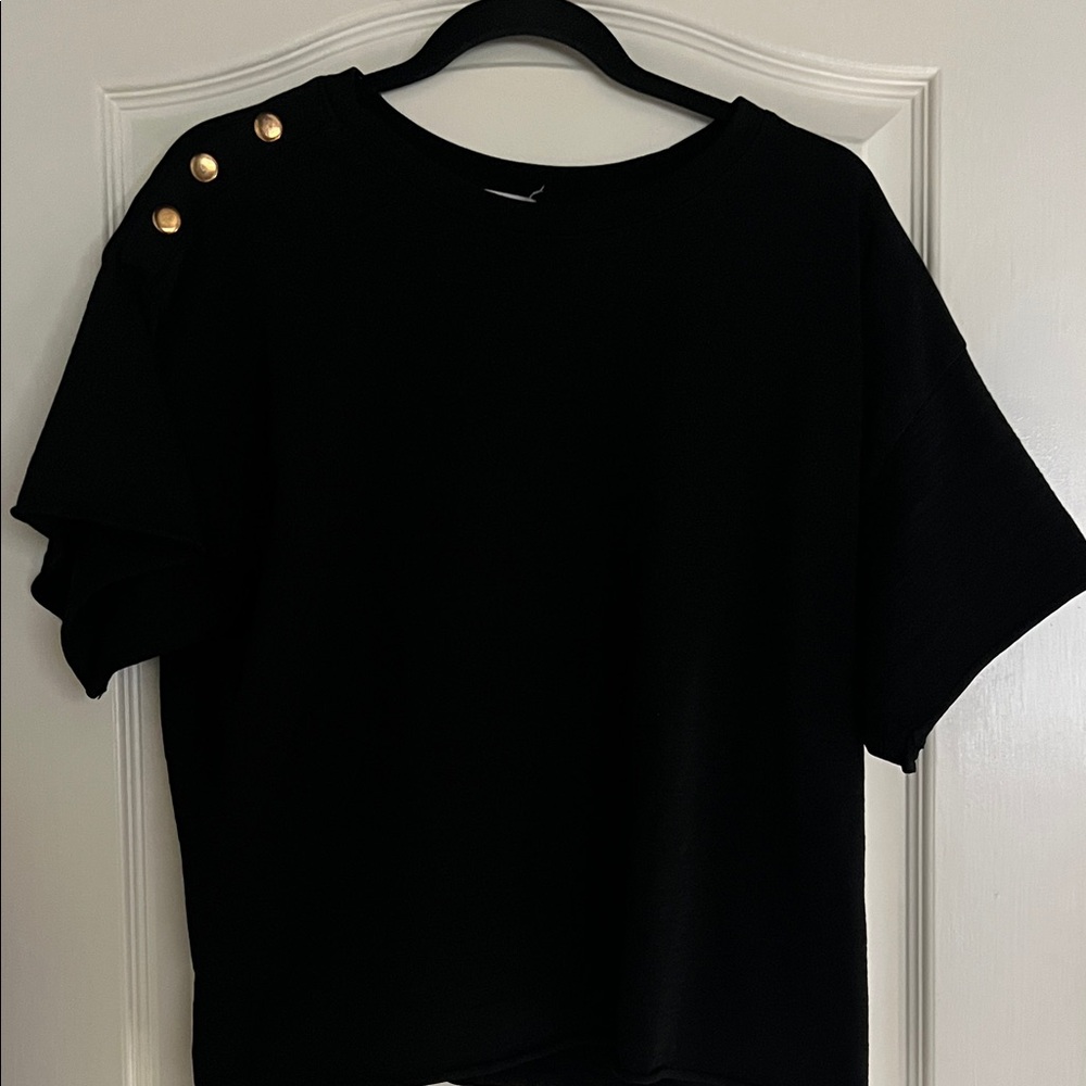 Nation LTD Black Short Sleeve Top with Gold Buttons